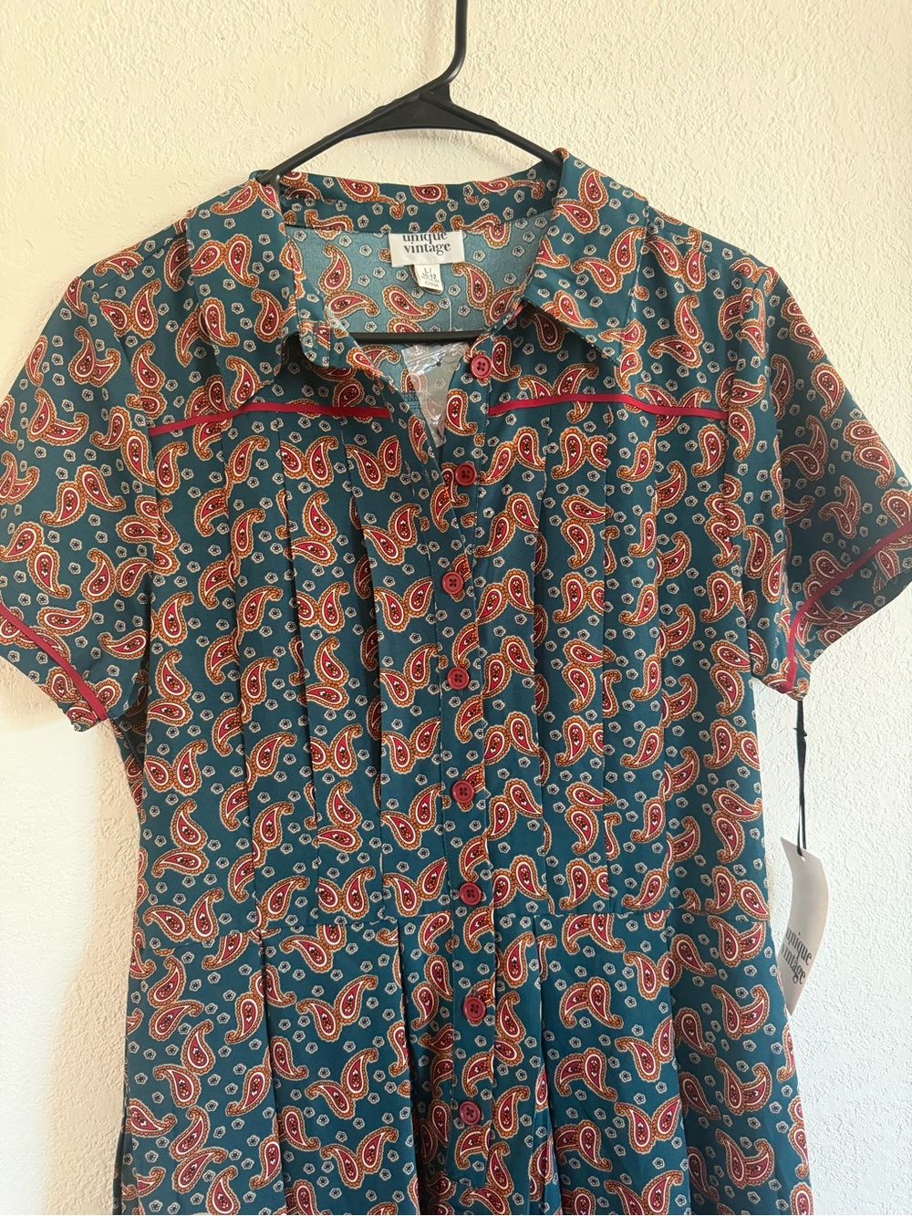 Unique Vintage Teal Paisley Button-Up with Red Accents - Picture 7 of 11